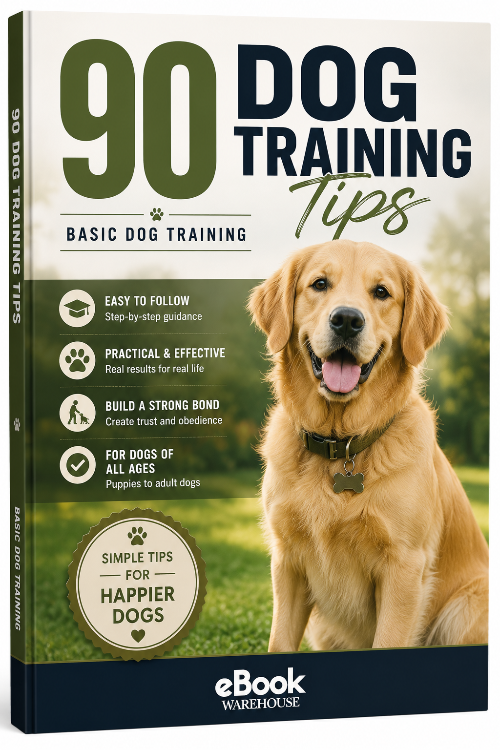 Front cover of the eBook '90 Dog Training Tips: Basic Dog Training' by eBook Warehouse, featuring a golden retriever on a grassy background with green and dark blue text.