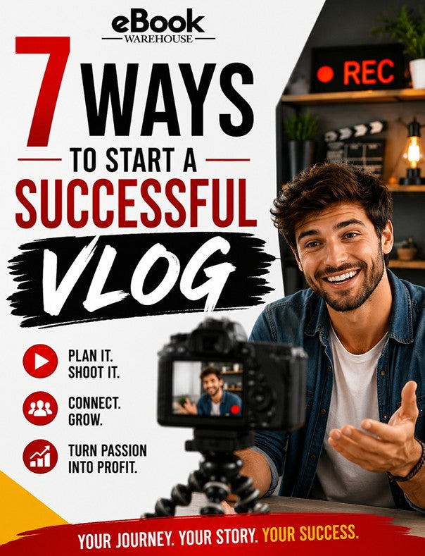 Promotional ebook cover titled '7 WAYS TO START A SUCCESSFUL VLOG' by eBook Warehouse, featuring a smiling man in a vlogging setup with a camera, laptop, and 'REC' sign.