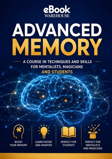 Book cover for 'Advanced Memory' by eBook Warehouse, featuring a dark blue background with a glowing blue brain illustration, large white and yellow title text, and four gold icons with text at the bottom.