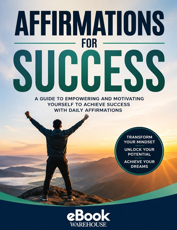 Book cover for 'Affirmations for Success' by eBook Warehouse, featuring a person with raised arms on a mountain peak at sunrise, with large teal and navy title text and a dark teal circular badge.