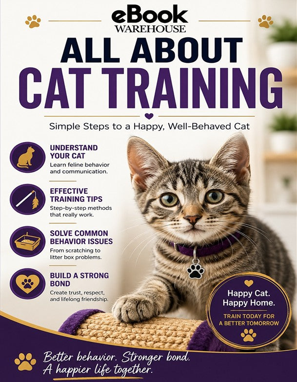 Front cover of the eBook 'All About Cat Training' by eBook Warehouse, featuring a tabby cat on a purple blanket against a light cream background with text and paw prints.