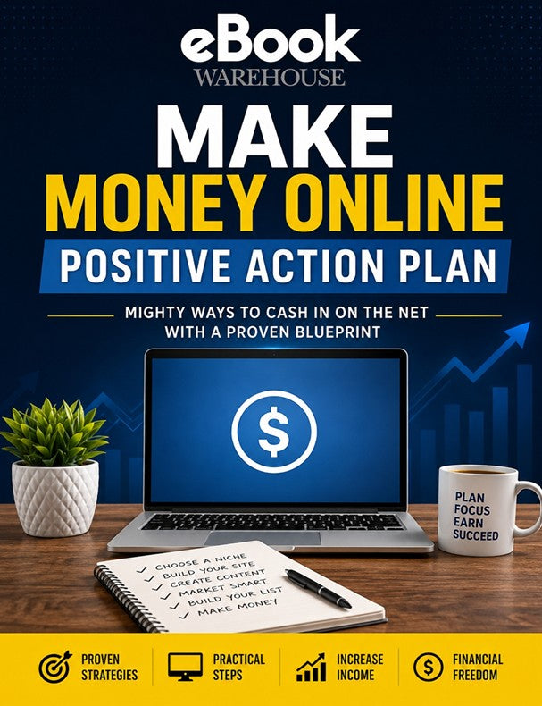 Promotional cover graphic for an eBook titled 'MAKE MONEY ONLINE POSITIVE ACTION PLAN' by eBook Warehouse, shown over a desk scene with a laptop, notebook, plant, and mug on a dark blue background.