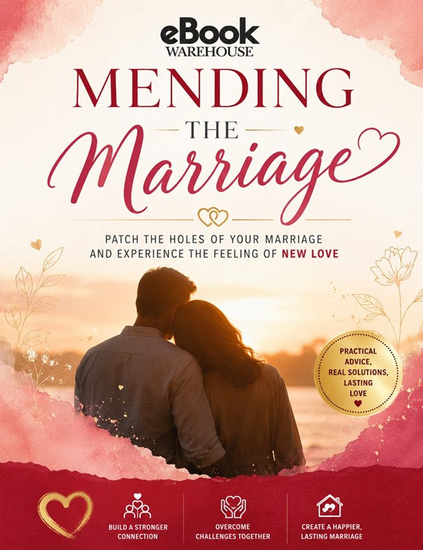 Book cover for 'Mending the Marriage' by eBook Warehouse, featuring a couple embracing at sunset with pink and red watercolor textures and gold decorative accents.