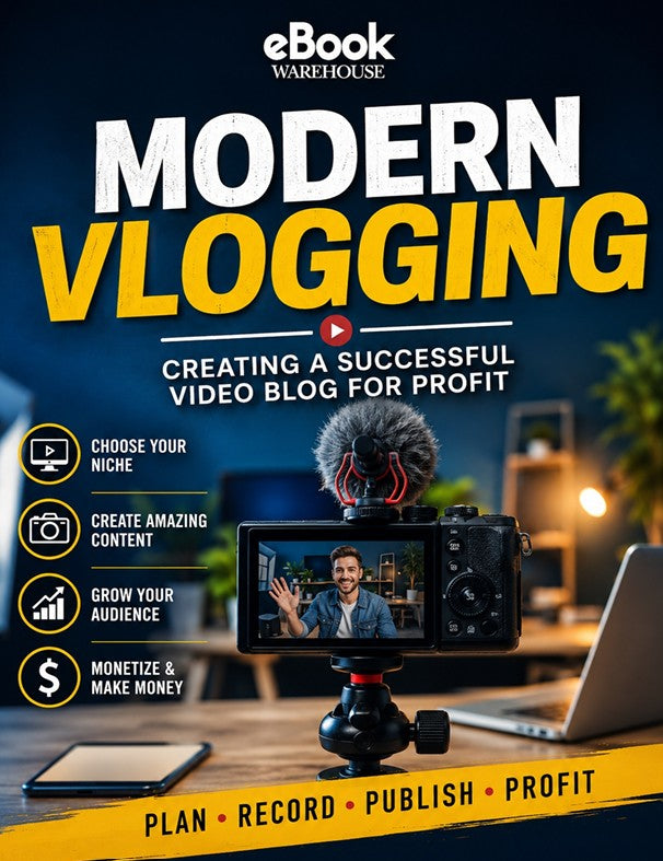 Promotional graphic for an eBook titled 'MODERN VLOGGING' by eBook Warehouse, featuring a camera on a tripod with a furry microphone in a blurred home office setting, with text highlighting key benefits like choosing a niche, creating amazing content, growing an audience, and monetizing.