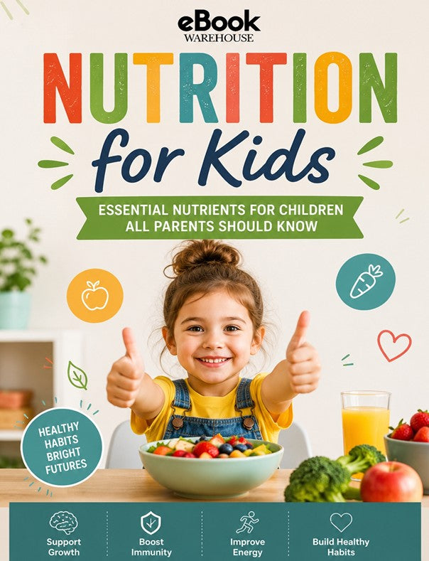 A book cover for 'NUTRITION for Kids' by eBook Warehouse, featuring a smiling young girl giving two thumbs up behind a bowl of fruit and vegetables. The cover has colorful title text and various health-themed icons on a light background.
