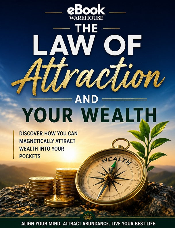 "The Law of Attraction and Your Wealth" featuring the eBook Warehouse logo, a golden wealth compass, stacks of coins, a growing plant, and a sunrise landscape symbolising abundance, prosperity, financial success, manifestation, and personal growth.