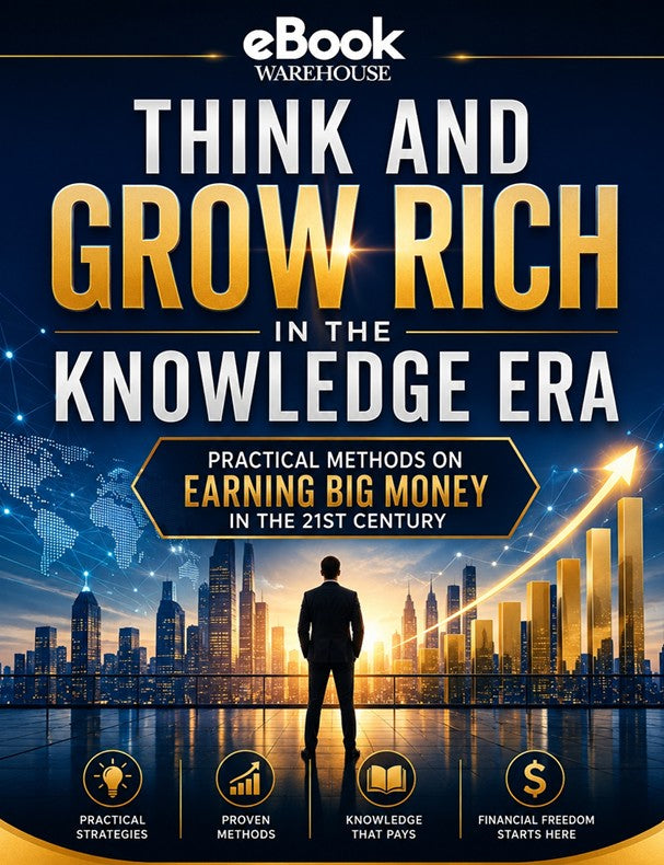 Book cover for 'Think and Grow Rich in the Knowledge Era' by eBook Warehouse, featuring a dark blue and gold design with a silhouette of a man facing a glowing city skyline.