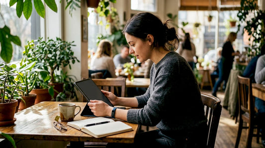 Woman reading manifestation ebook at home desk