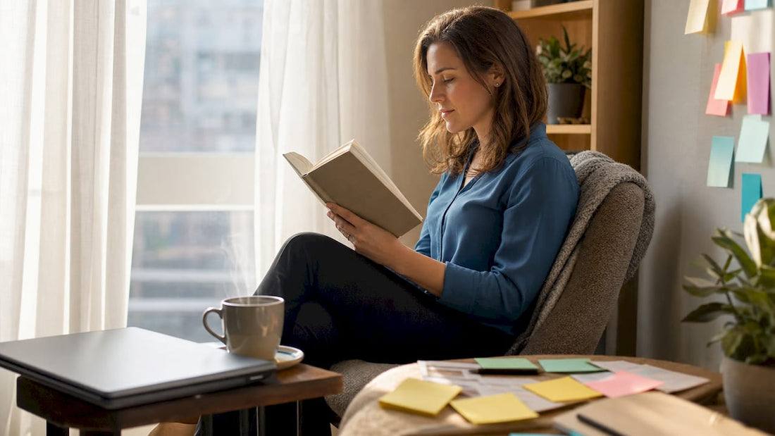 Woman reading physical book at home office desk