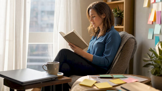 Woman reading physical book at home office desk