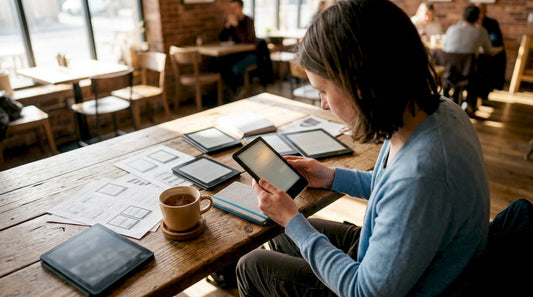 Person reviewing multiple ebook devices and formats