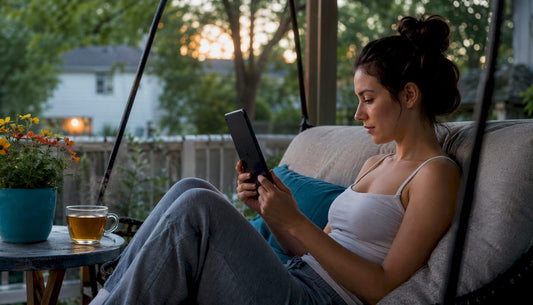 Woman reading ebook on Android tablet at home