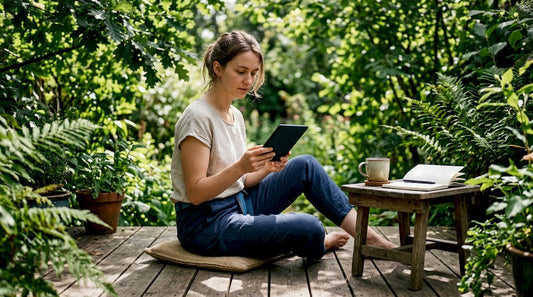 Woman reading meditation ebook at home