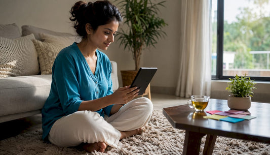 Woman browsing e-reader at home