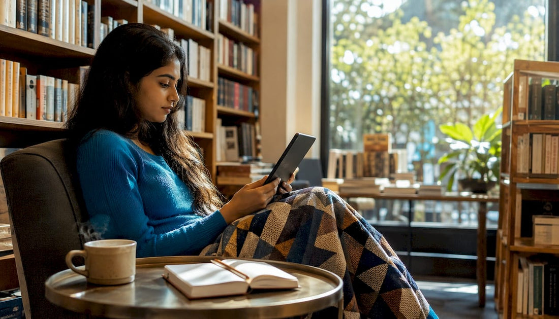 Woman reading spiritual ebook at home