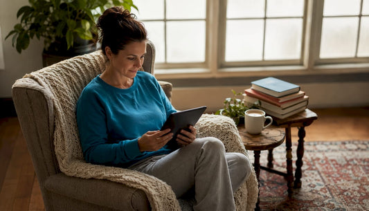 Woman browsing ebook store on tablet at home