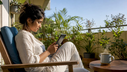 Woman reading emotional intelligence ebook on tablet