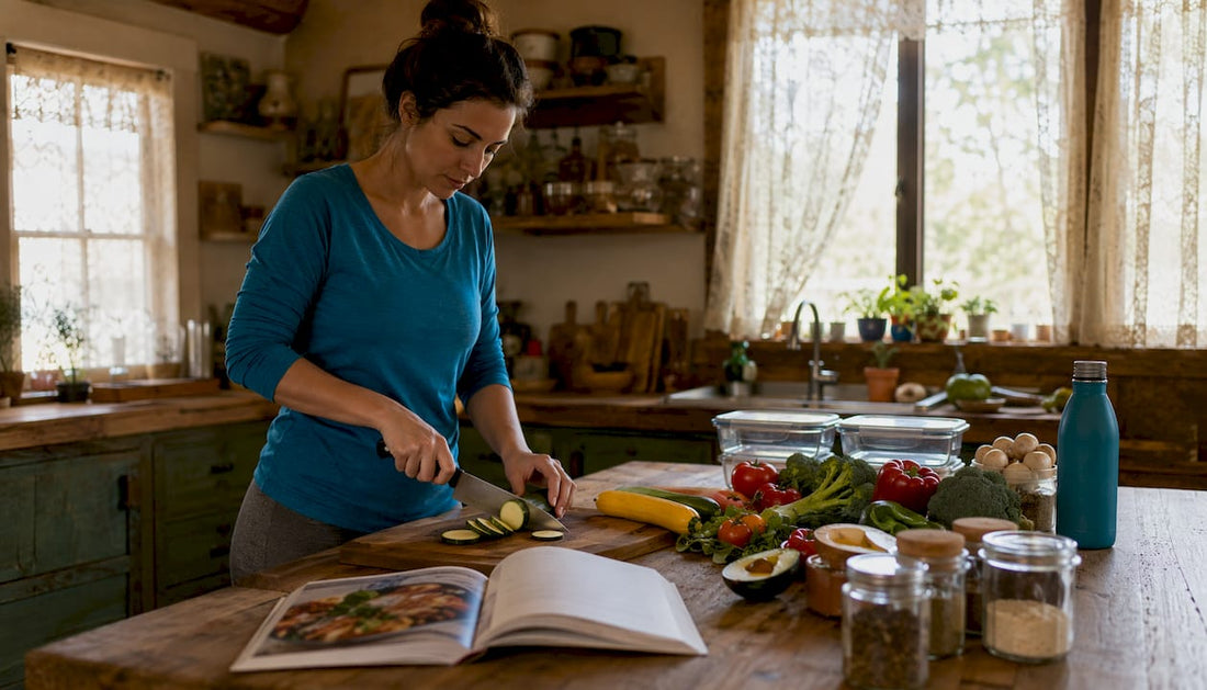 Woman chopping vegetables for meal prep in kitchen