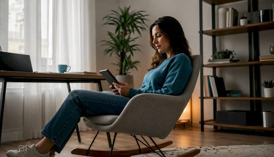 Woman reading self-help ebook at home