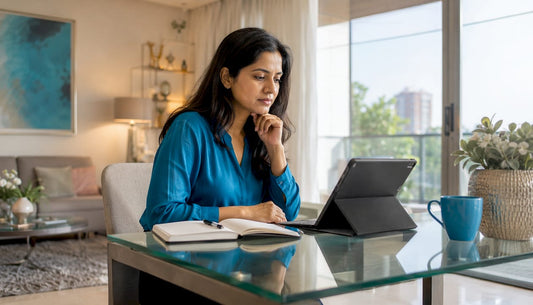 Woman reading mindset ebook on tablet