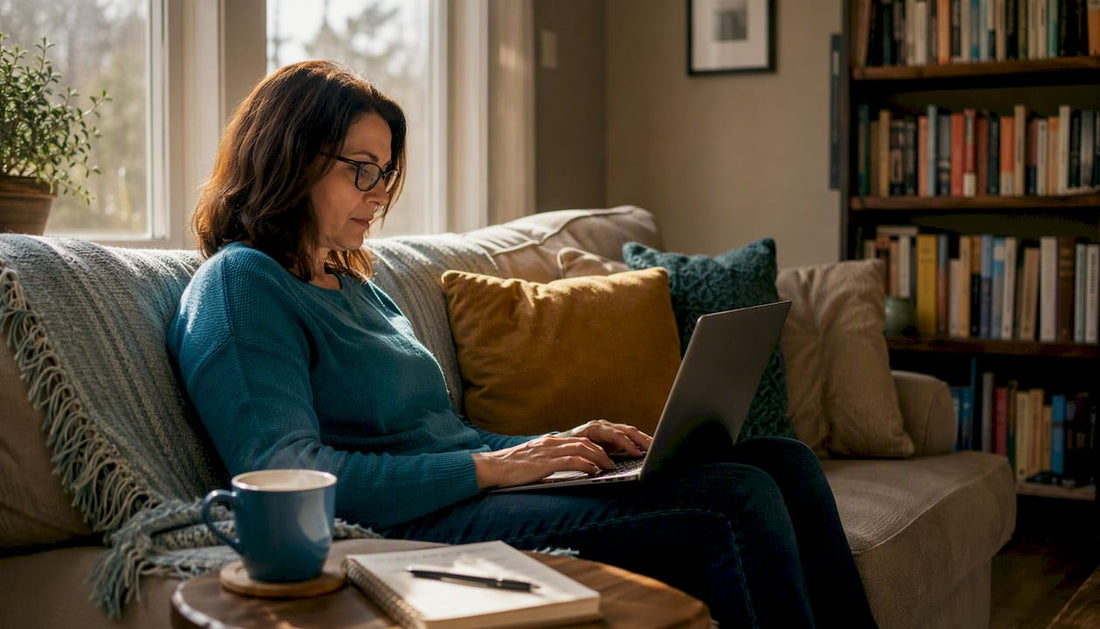 Woman browsing ebooks on laptop at kitchen table