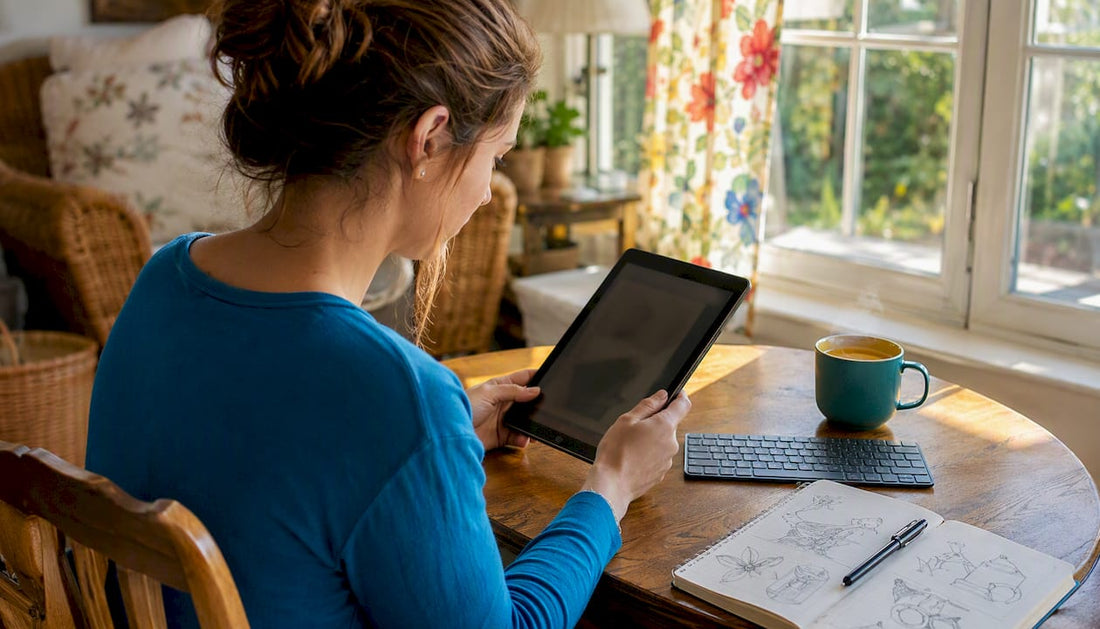 Woman reading downloadable PDF ebook on tablet