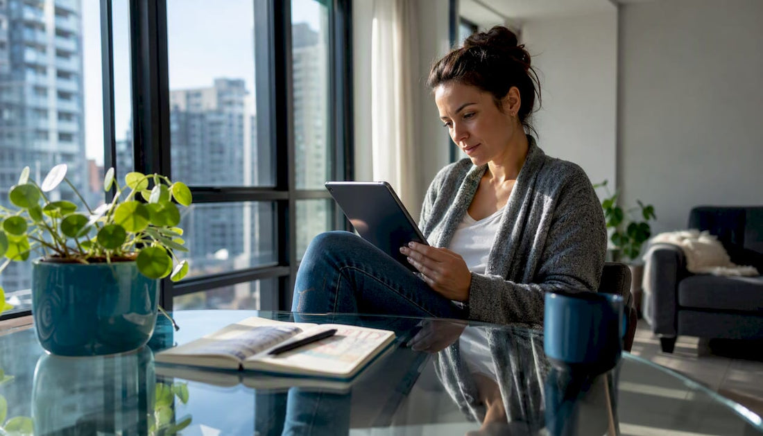 Woman reading communication skills ebook at home table