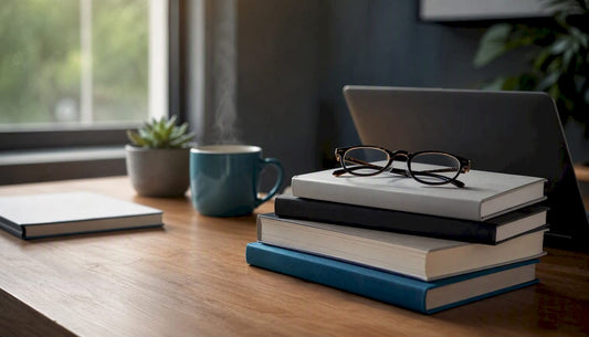 Stack of leadership ebooks on desk