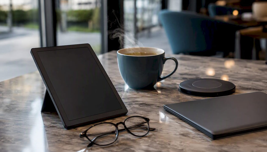 E-reader, tablet, coffee on desk setup