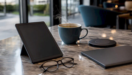 E-reader, tablet, coffee on desk setup