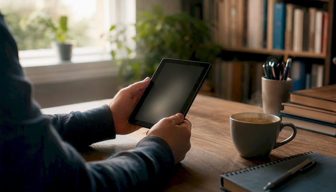 Freelancer holding e-reader with ebook