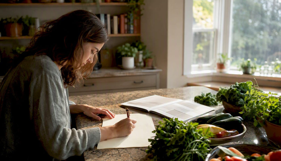 Person writing grocery list beside meal planner