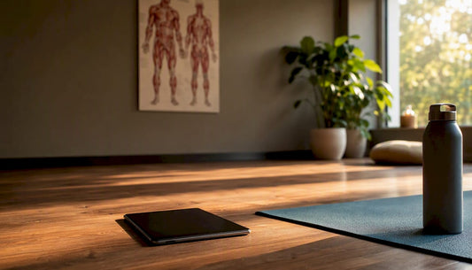 Yoga anatomy poster and yoga props in sunlit room