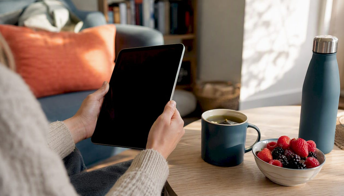 Hands holding tablet with tea and berries nearby