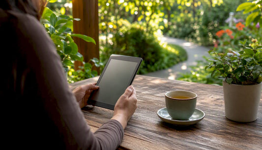 Hands holding e-reader studying project management ebooks