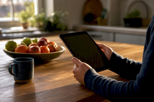 Hands holding tablet with dark screen in living room