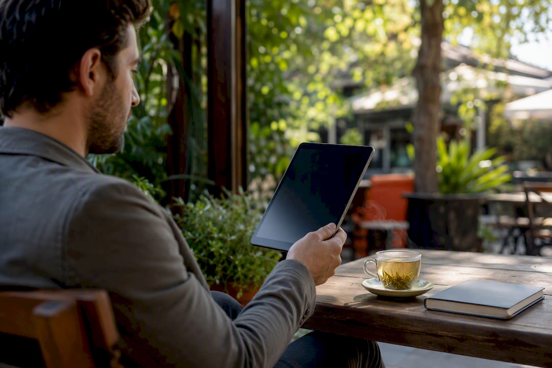 Professional holding tablet with coffee