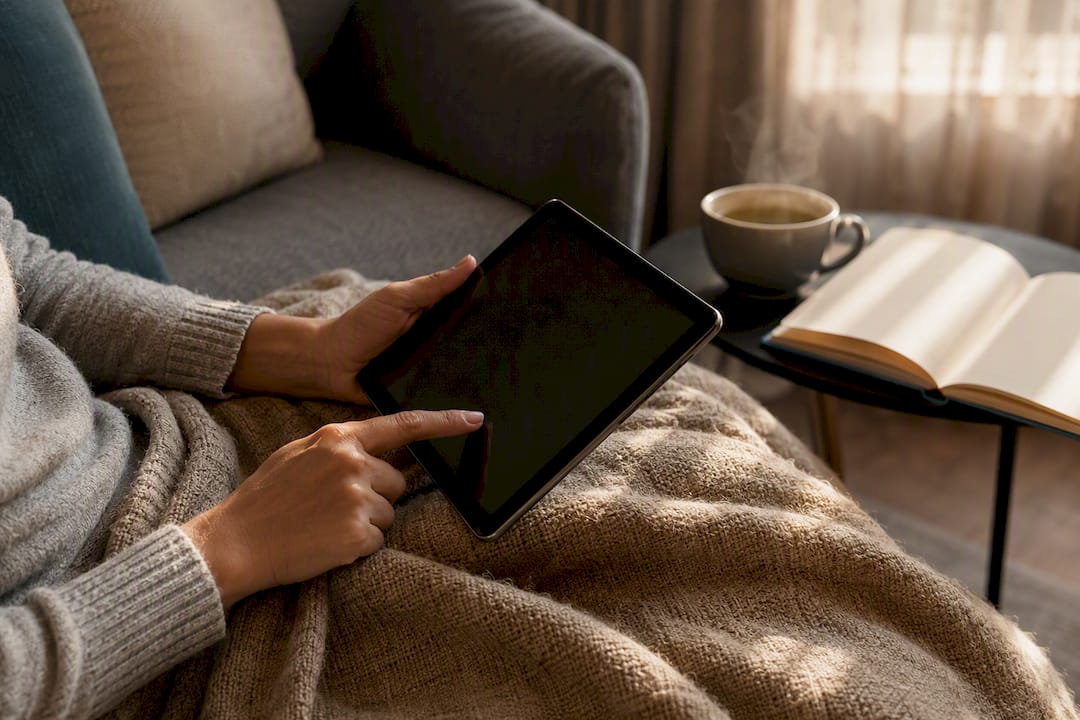 Hands using tablet on modern desk