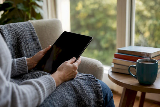 Hands holding tablet with ebook cover silhouette