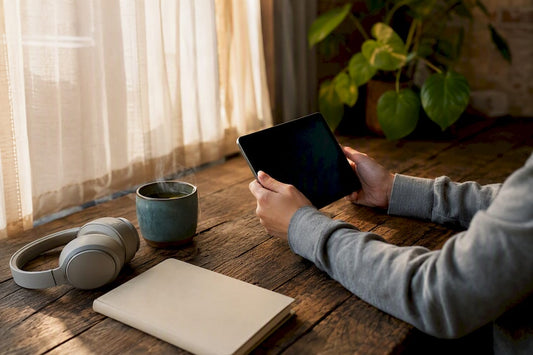 Student holding tablet with study ebooks