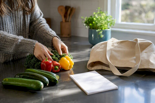 Hands arranging anti-inflammatory groceries on kitchen counter