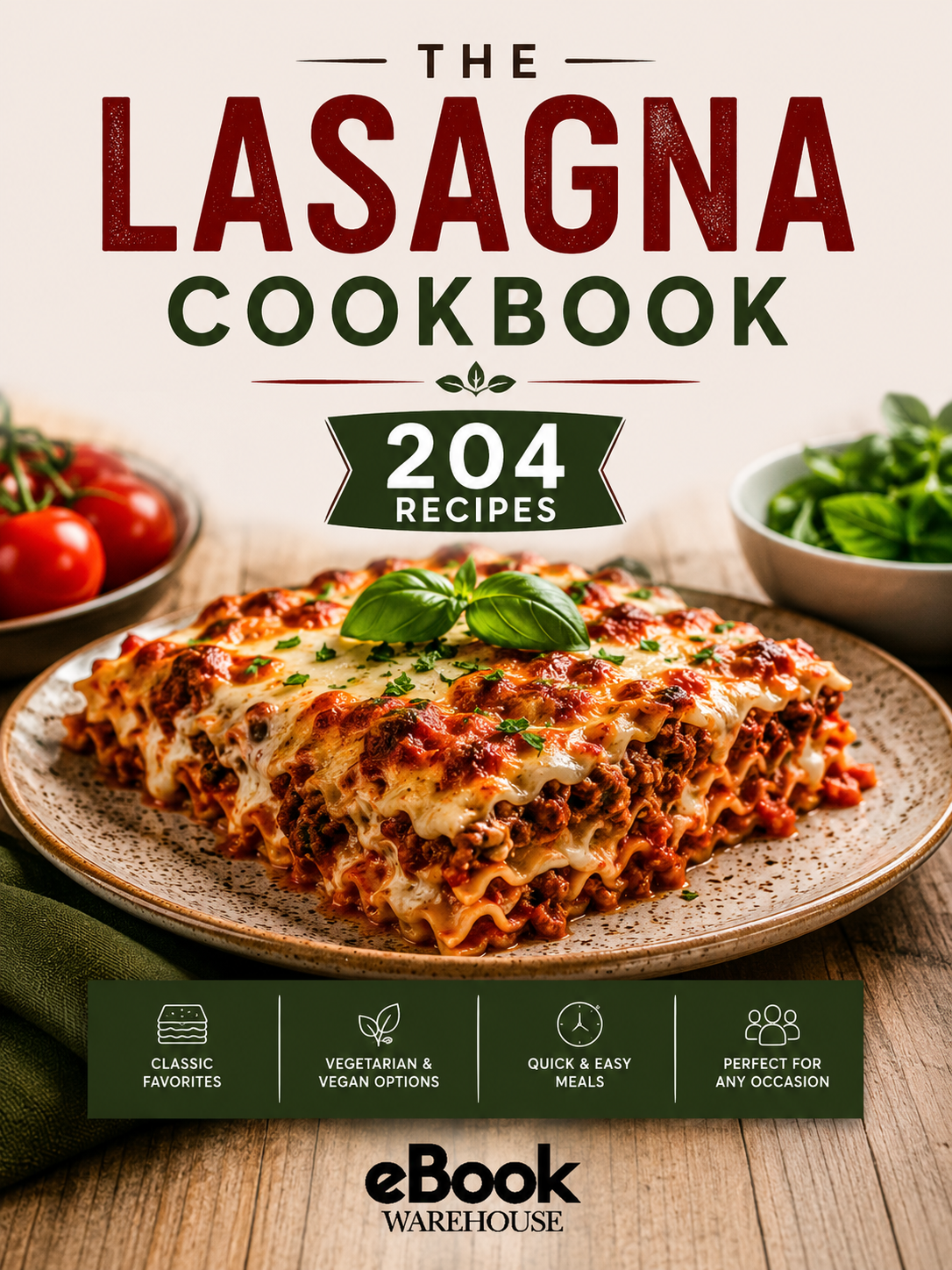 Lasagna Cookbook cover featuring a freshly baked homemade lasagna layered with rich meat sauce, melted cheese, and fresh basil on a rustic plate. The cover highlights 204 lasagna recipes, including classic favorites, vegetarian and vegan options, quick and easy meals, and recipes for every occasion, with the eBook Warehouse logo prominently displayed at the bottom.