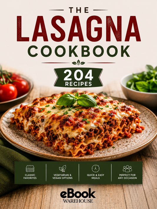 Lasagna Cookbook cover featuring a freshly baked homemade lasagna layered with rich meat sauce, melted cheese, and fresh basil on a rustic plate. The cover highlights 204 lasagna recipes, including classic favorites, vegetarian and vegan options, quick and easy meals, and recipes for every occasion, with the eBook Warehouse logo prominently displayed at the bottom.