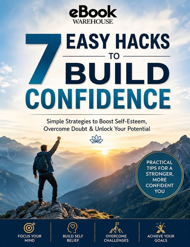 Book cover for '7 Easy Hacks to Build Confidence' by eBook Warehouse, featuring a mountain landscape at sunrise with a hiker raising their arm. The cover includes large blue and white title text and a dark navy footer with goal icons.