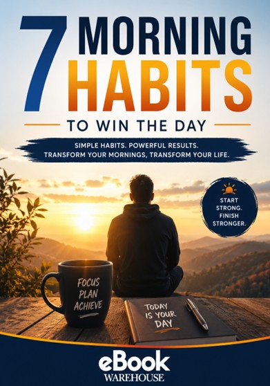 Book cover for '7 Morning Habits to Win the Day' by eBook Warehouse, featuring a man sitting at a table at sunset with a mug, notebook, and pen, with bold title text and a blue badge.