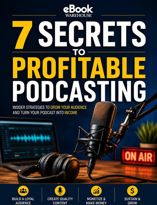 Book cover for '7 Secrets to Profitable Podcasting' by eBook Warehouse, featuring bold yellow and white text over a dark blue background with a podcasting setup including headphones, a microphone, a laptop, and an 'ON AIR' sign.