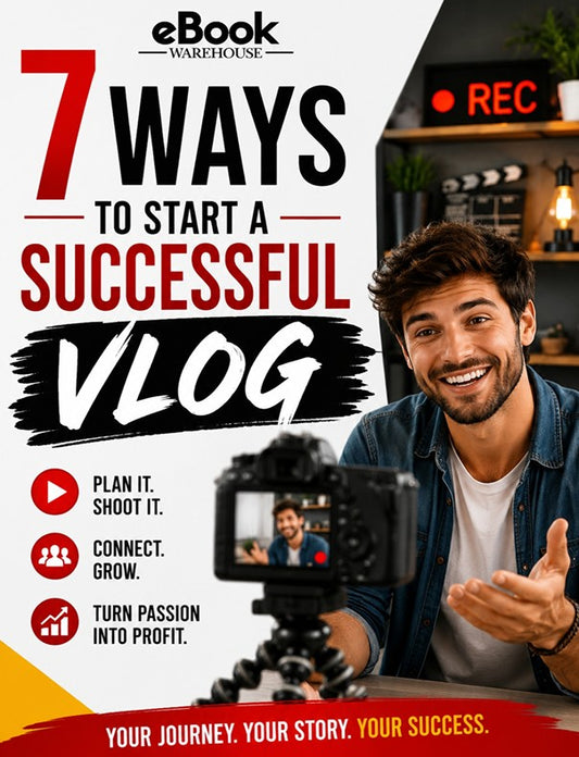 Promotional ebook cover titled '7 WAYS TO START A SUCCESSFUL VLOG' by eBook Warehouse, featuring a smiling man in a vlogging setup with a camera, laptop, and 'REC' sign.