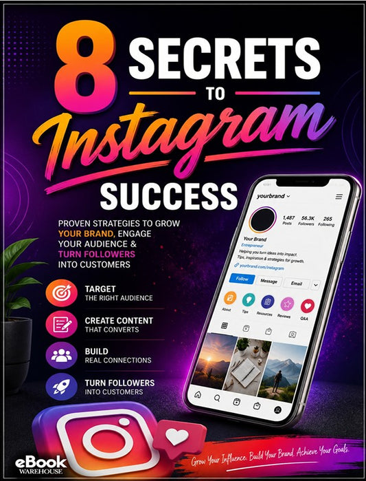 Promotional graphic for an ebook titled '8 Secrets to Instagram Success' with a smartphone showing the Instagram app interface, social media icons, and the eBook branding at the bottom on a dark purple background.