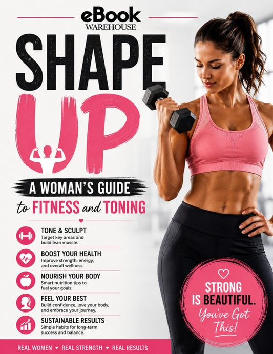 Promotional cover for 'eBook Warehouse Shape Up: A Woman's Guide to Fitness and Toning' featuring a woman in a pink sports bra and black leggings lifting a dumbbell, with large pink and black typography and fitness callouts on a light background.