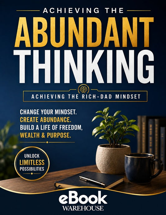 Book cover for 'Achieving the Abundant Thinking' by eBook Warehouse, featuring a dark navy blue background with bold yellow and white typography, and a styled desk scene with a plant, notebook, and coffee cup at the bottom.